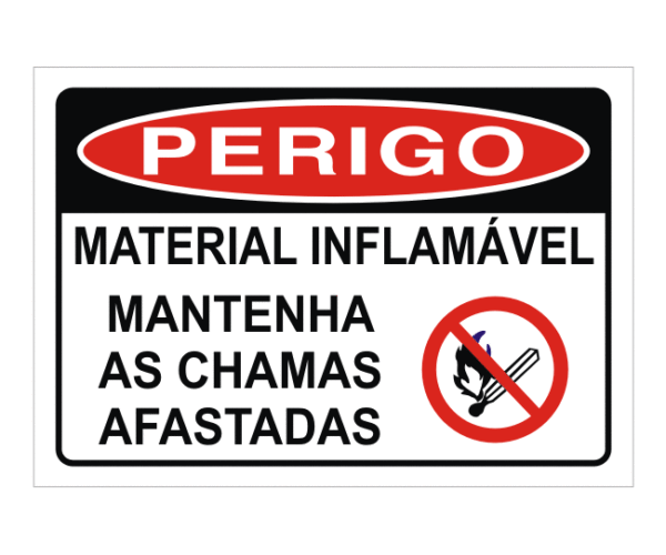 Placa PERIGO Material Inflamável Mantenha as chamas afastadas